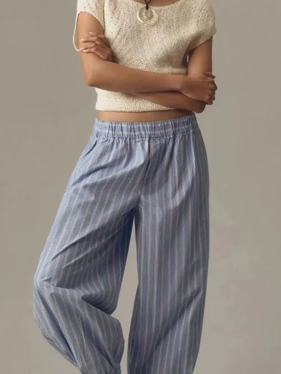 Anthropologie Striped Jogger Pants S Blue White Elastic Waist Boho Tencel - Picture 1 of 9